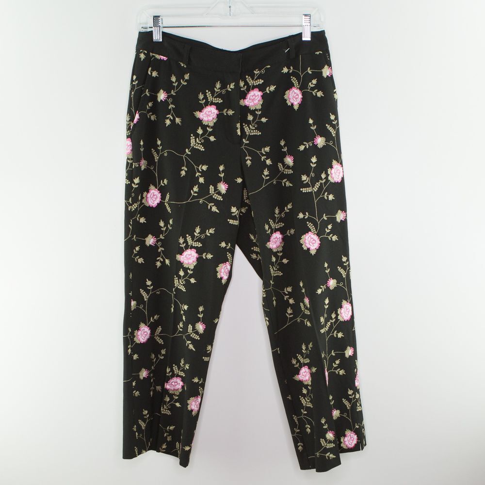 KAREN KANE Women's Black Pants Size 8 Pink Floral Embroidered Crop Ankle Stretch
